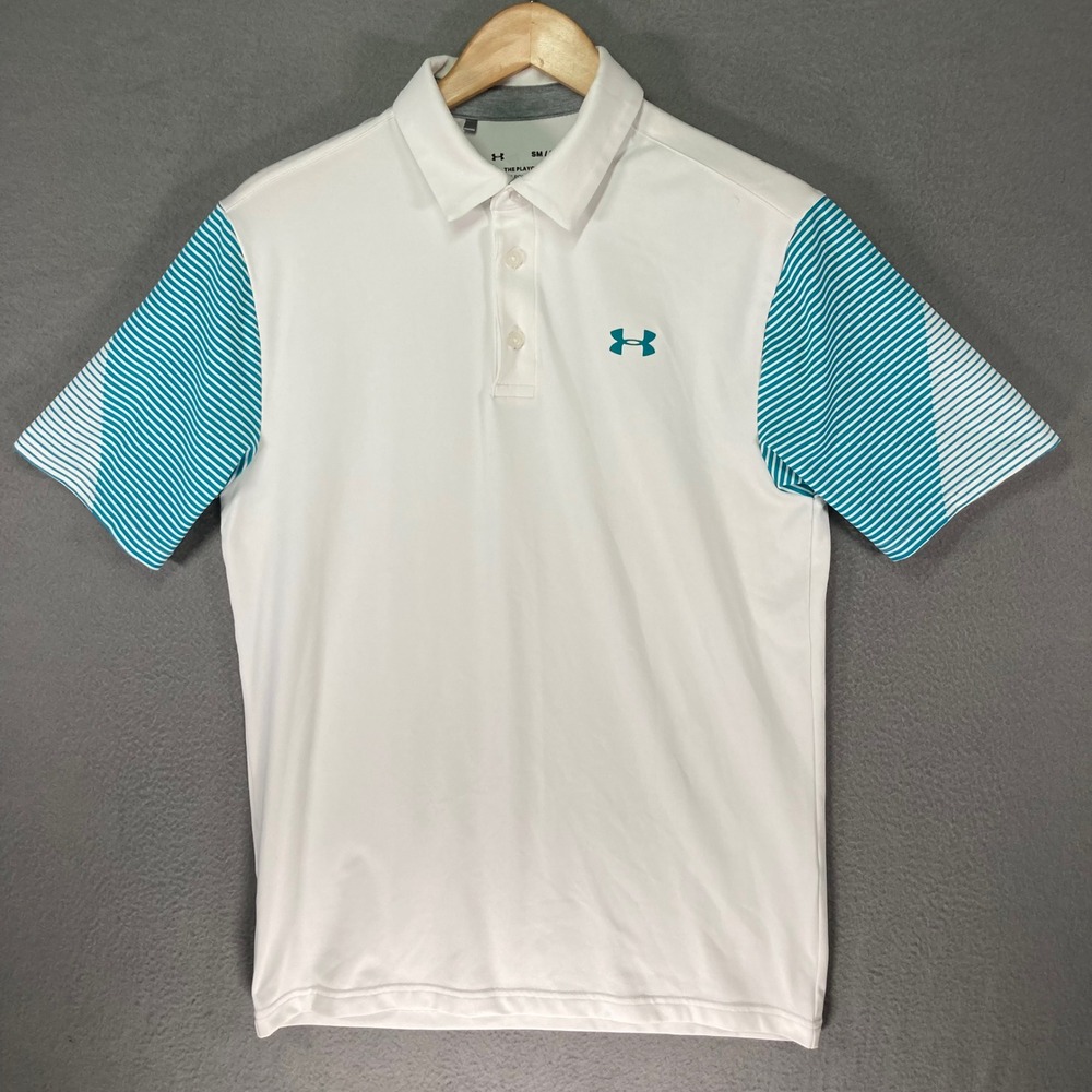 Under‎ Armour Mens Playoff Polo Shirt Small White Teal Stripe Golf